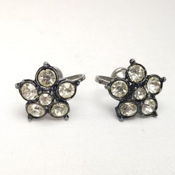 Vintage Rhinestone Flower Clip On Screw Back Earrings, Floral, Estate - Picture 6 of 6